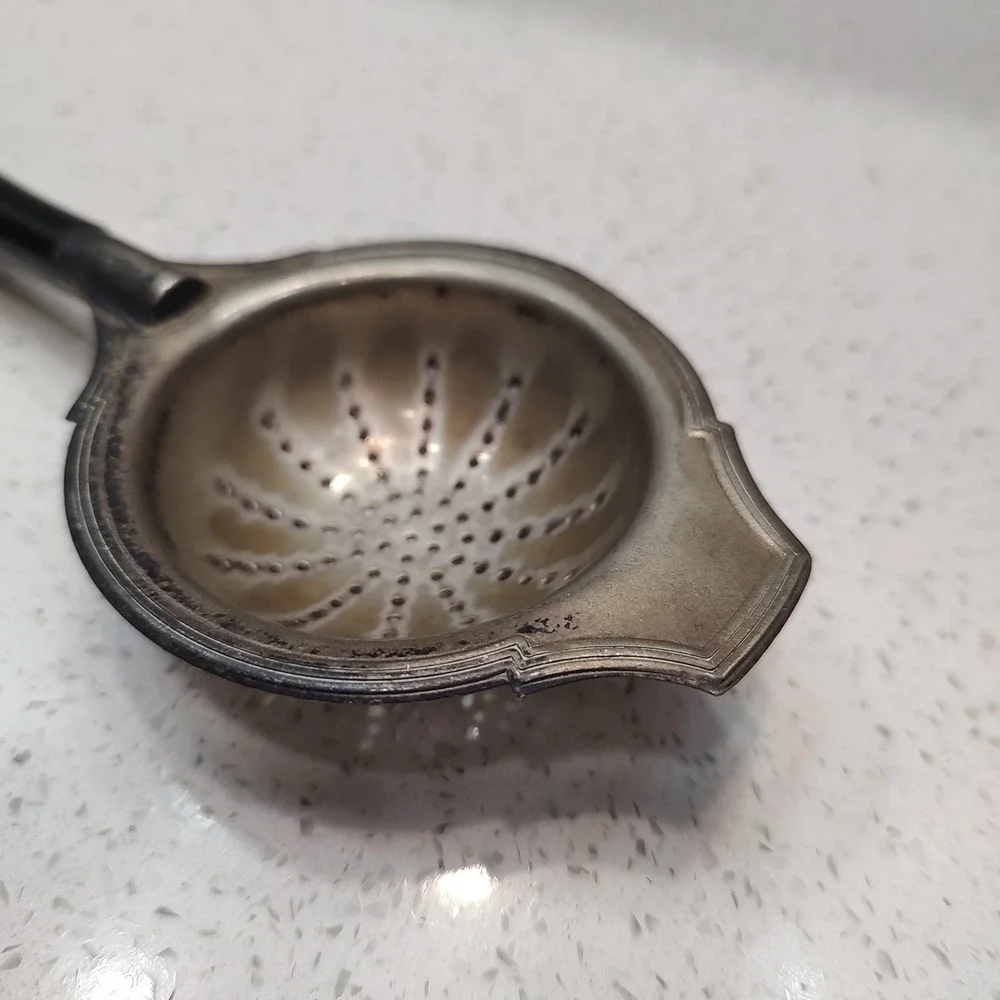 Silver Plated Tea Strainer Spoon Wooden Handle Ornate Mid Century Cottage Core